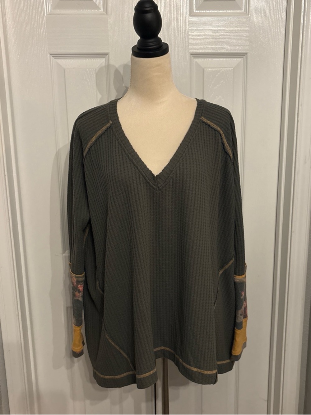 Free People V-Neck Shirt with Floral Sleeve Detail - FairyCore Gorpcore